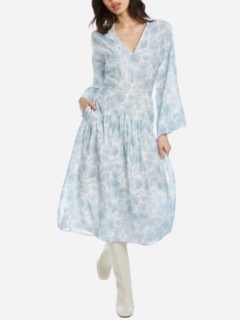 Vince Light Blue Floral V-Neck Midi Dress